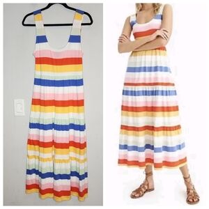 J. Crew Tiered Cotton Jersey Knit Sleeveless Maxi Dress Rainbow Wide Stripe XS